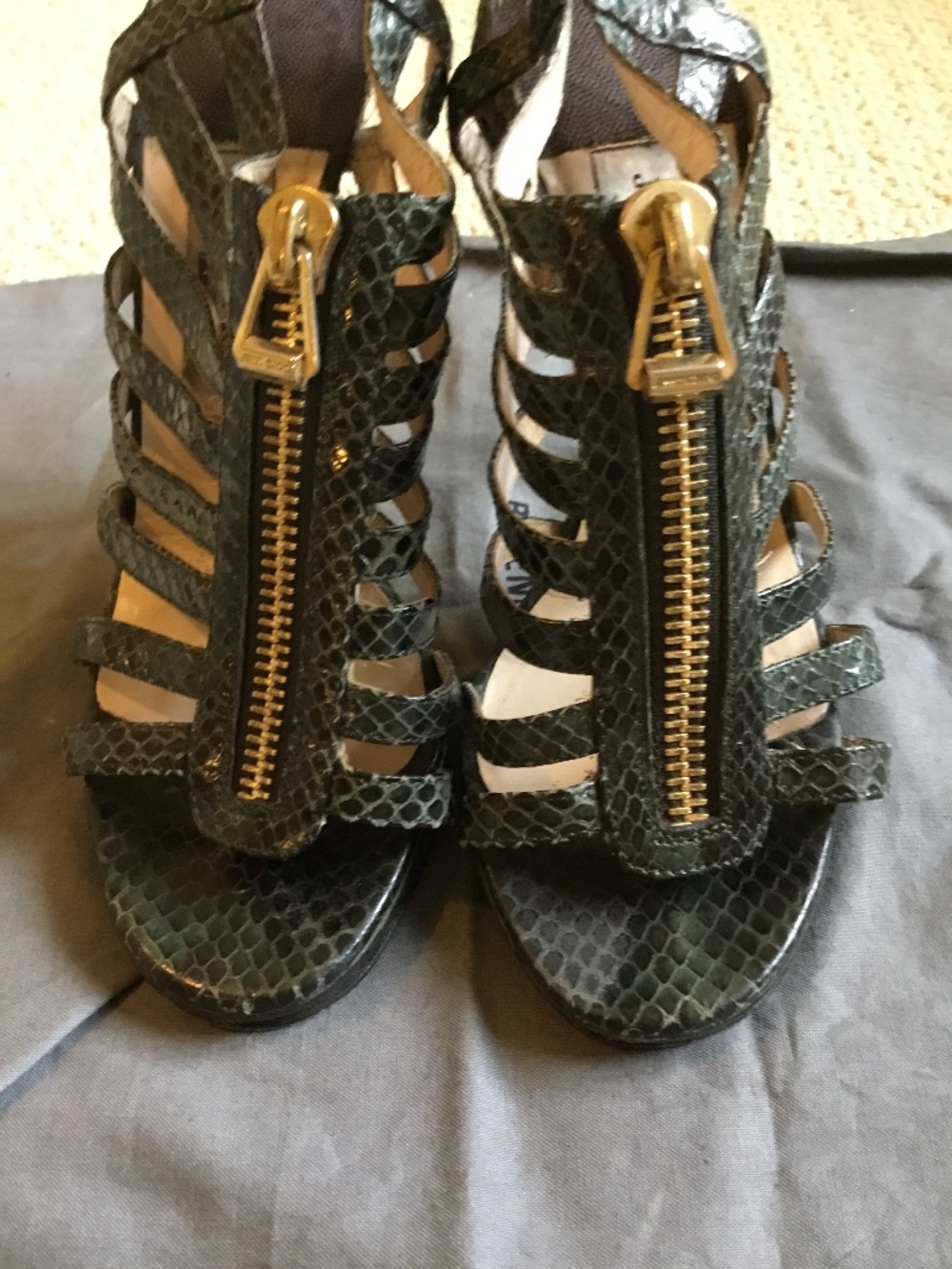 jimmy choo python snakeskin embossed leather zip front cage sandals